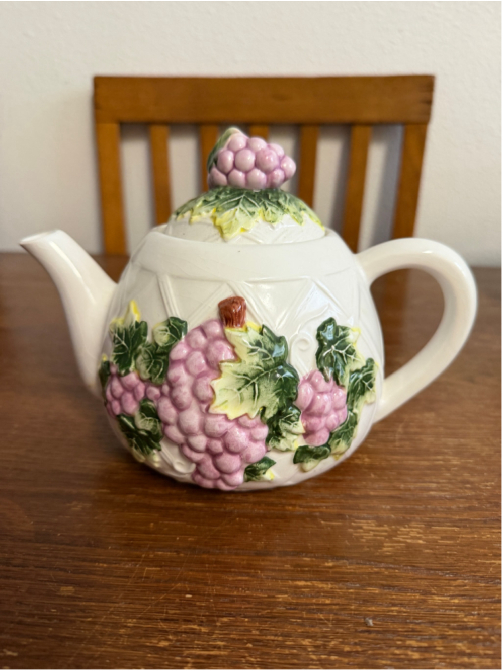 Vintage Ceramic Grape Teapot Embossed Basketweave Purple Grapes Raised Relief wi